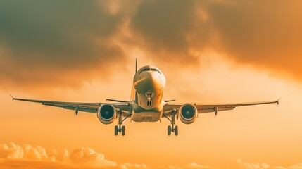 Fototapeta premium Fligendes Flugzeug, landen, starten, Wolken, Hoch, generative AI