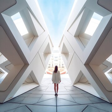 Woman standing in contemporary urban architecture. AI