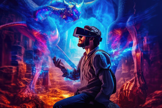Virtual reality gamer immersed in a fantasy world wit dragons, knights and magical spells. Generative AI.
