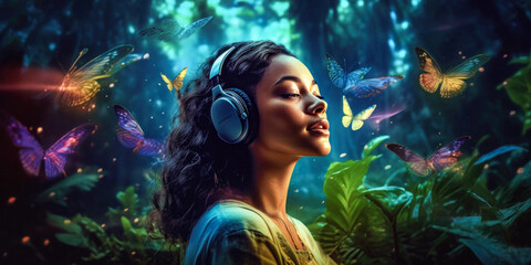 a young woman listens to music with headphones, surrounded by fabulous nature, tropics, colorful butterflies and fireflies, a mysterious atmosphere, relaxation and self-knowledge, AI generated art