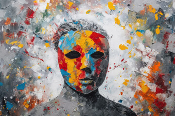 Representation of mental health stigma, a vibrant mask with a grey figure behind it. Generative AI. - obrazy, fototapety, plakaty