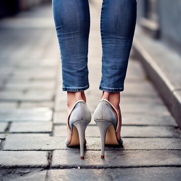 Close-up of woman's feet in high heel shoes and jeans. AI