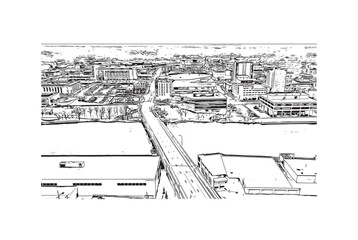 Building view with landmark of Rockford is a city in northern Illinois. Hand drawn sketch illustration in vector.