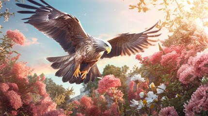 Obraz premium Eagle flying close to colorful flowers. Made with Generative AI.