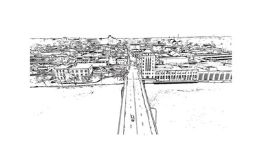 Building view with landmark of Rockford is a city in northern Illinois. Hand drawn sketch illustration in vector.