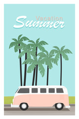Summer postcard. Hello summer. Beautiful landscape. Beach.  Van. Palm trees