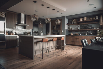 Modern and luxurious kitchen with a large table and a large work surface. Wood and marble
