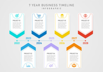 infographic template timeline 7 years spiky square multi color line with circles Colored icons and letters on a white background. Design for business, marketing, product, project, finance, planning.