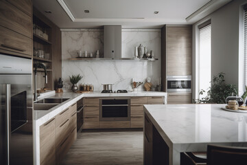 Fototapeta na wymiar Modern and luxurious kitchen with a large table and a large work surface. Wood and marble