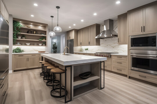 Modern and luxurious kitchen with a large table and a large work surface. Wood and marble