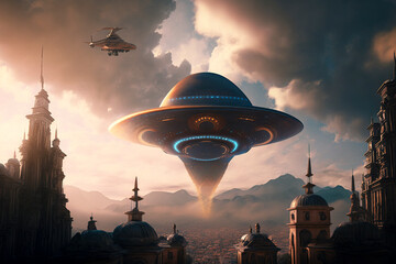 Apocalyptic Encounter: Alien Forces Descend, Unleashing Chaos upon Earth's Domain created with Generative AI technology