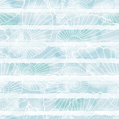 Seamless vector pattern with  seashells on blue watercolor background. Nature abstract background. Perfect for wallpaper, wrapping, fabric and textile. - 603754215