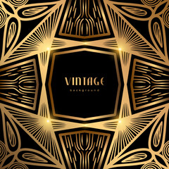 Luxury geometric linear template. Golden vintage frame. Art deco style gold background for banner, poster, cover. Retro line art with glitter, shine. Abstract minimalist gatsby style pattern