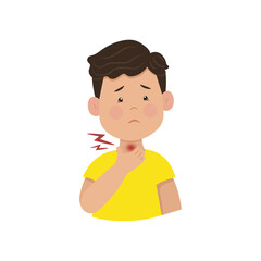 Child has a sore throat, The sad boy holds his neck. Sore throat, inflammation. Vector illustration. Kid infections.