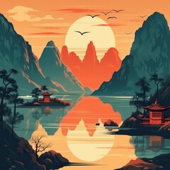 This print features a Chinese-style lake and mountain landscape. (Generative AI)