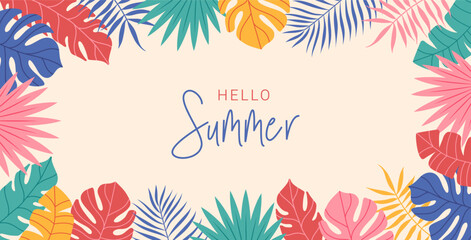 Fototapeta na wymiar Summer abstract background, banner, poster with tropical leaves. Jungle exotic leaves. Modern trendy colorful design. Vector template for social media posts.