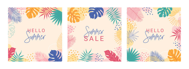 Set of Summer colorful abstract backgrounds, banners, posters with tropical leaves. Jungle exotic leaves. Modern trendy design. Vector templates for social media posts.