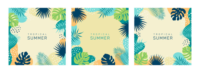 Set of summer tropical backgrounds with copy space for text. Palm leaves. Floral exotic hawaiian frame. Modern trendy colorful design. Vector template for card, cover, poster, social media, banner.
