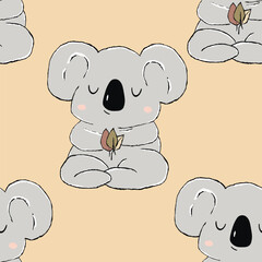 Seamless pattern with cute koala baby on color background. Funny australian animals. Card, postcards for kids. Flat vector illustration for fabric, textile, wallpaper, poster, paper