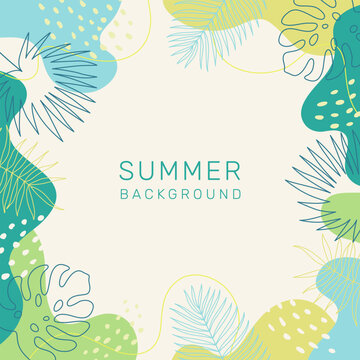 Summer background with tropical palm leaves. Jungle and beach theme. Modern trendy minimal colorful design. Vector template for card, cover, poster, social media, banner.
