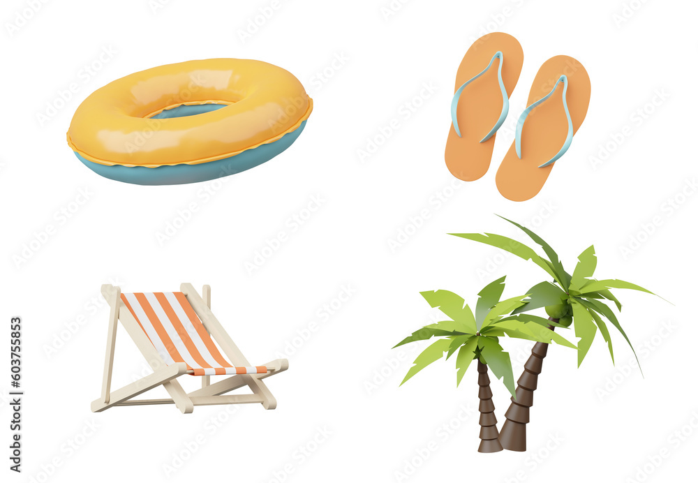 Poster summer elements 3d icon set clipart isolated on white background, minimal realistic objects for mock