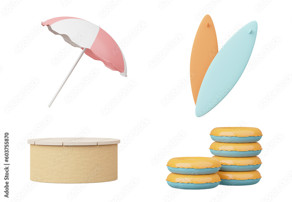 Poster summer elements 3d icon set clipart isolated on white background, minimal realistic objects for mock