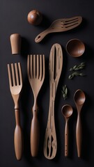 Generative AI photorealistic wooden utensils set wooden kitchen