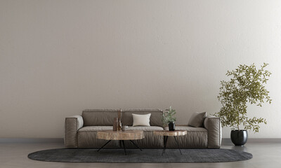 Modern minimal living room and empty concrete wall texture background interior design. 3D rendering
