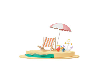 Obraz na płótnie Canvas Summer elements 3d icon clipart island isolated on white background, Minimal Realistic objects for mock-up with summer theme, beach umbrella, sand, inflatable ring, vacation time to travel.