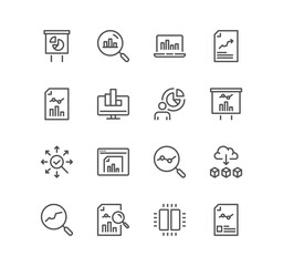 Set of data analysis related icons, charts, graphs, traffic analysis, datum, compute, reports, filter, research and linear variety vectors.