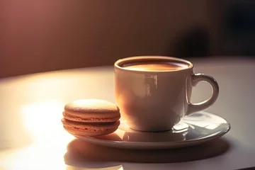 Stickers pour porte Macarons Cup of coffee and one macaroon on table in front of morning light. Generative AI.