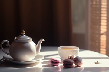 Fototapeta premium Tea pot, cup of tea and macaroons on a white table in morning sunlight. Breakfast concept. Generative AI.