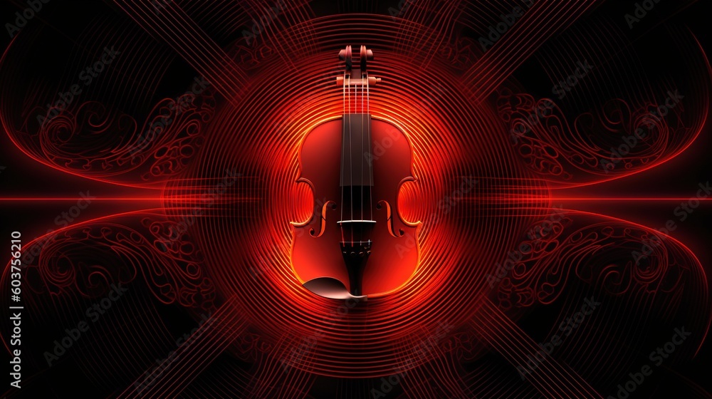 Poster a red violin on a black background with swirls and lines in the middle of the violin is a red circle