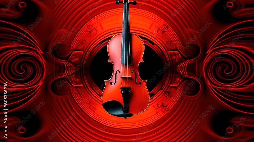 Poster a red violin with a black bow in the middle of a red background with swirls and swirls in the middle