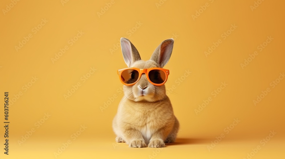 Poster a rabbit wearing sunglasses and sitting on a yellow background with a yellow background behind it an