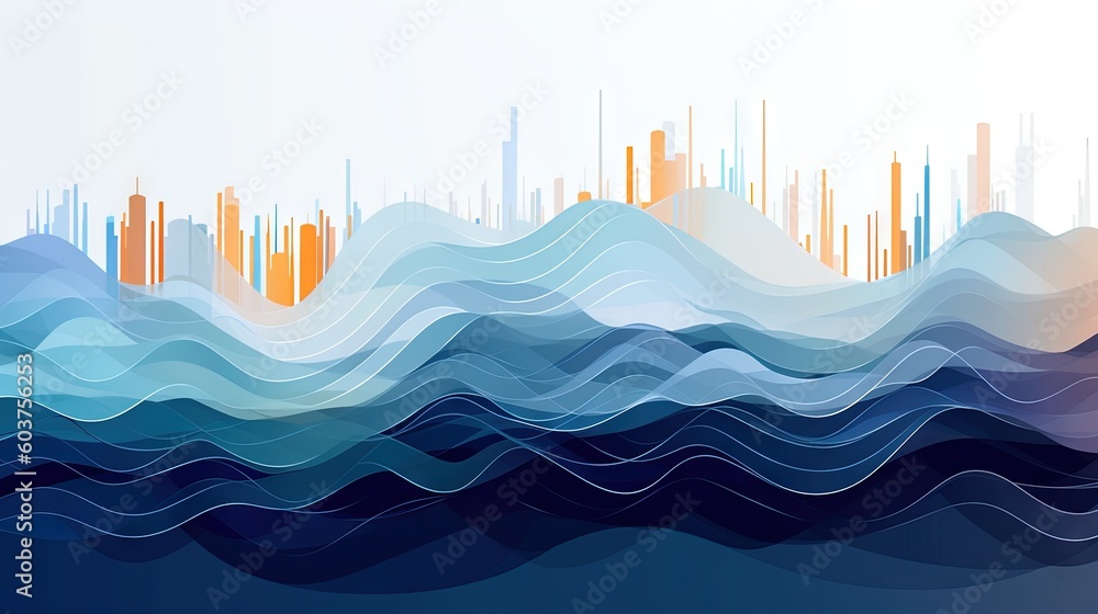 Poster an abstract painting of a city skyline with a wave in the foreground and a city in the background wi