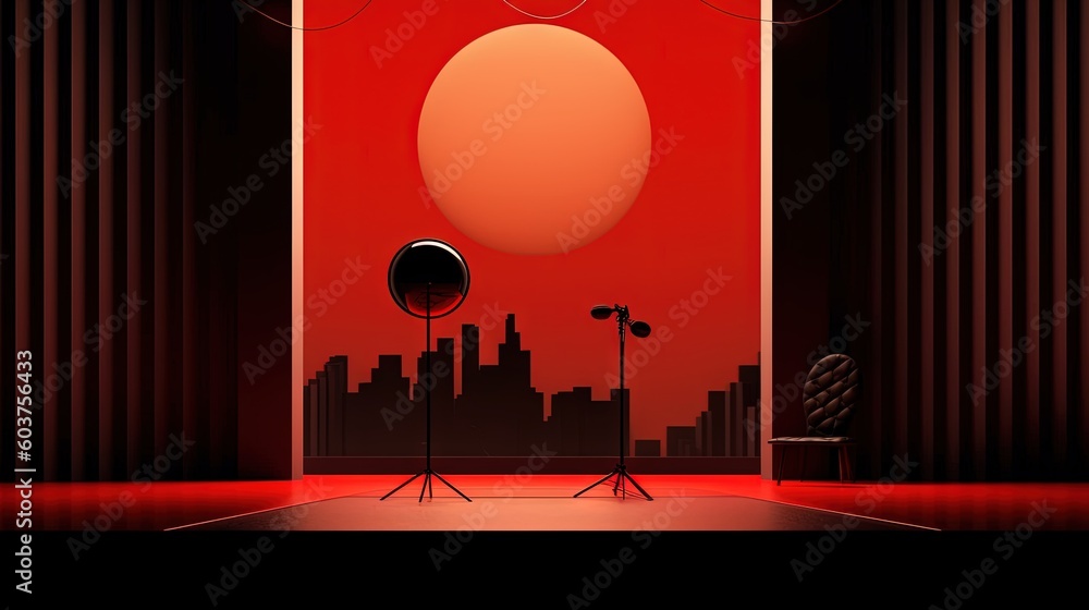 Poster a red room with two spotlights and a red backdrop with a cityscape in the background and a red light