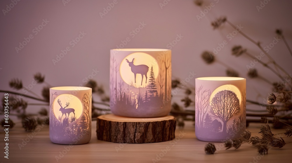 Poster a couple of candles sitting on top of a wooden table next to a vase with a deer on it and a pine tre