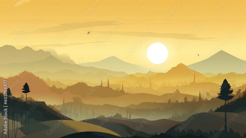 Poster a landscape of mountains and trees with the sun setting in the distance with a bird flying over the 