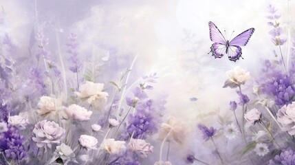  a purple butterfly flying over a field of purple and white flowers with a white sky in the background and a white cloud in the background.  generative ai