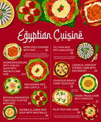 Egyptian cuisine menu, lunch and dinner dishes, vector restaurant meals. Egyptian cuisine couscous bidaoui with lamb, megaddara rice and lentils, morg polo chicken and matisha mahsheeya tomatoes