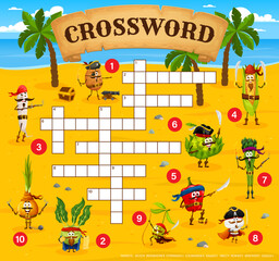 Crossword quiz game grid. Cartoon vegetable pirates and corsairs characters. Word search puzzle, vocabulary quiz, crossword vector grid with funny potato, daikon radish and onion, romanesco, asparagus