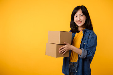 Portrait asian young woman wearing yellow t-shirt and denim shirt holding parcel box isolated on yellow studio background, Delivery courier and shipping service concept.