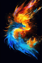 The vector illustration portrays a magnificent dragon. The vibrant red, orange, and yellow colors dominate the dragon's plumage. Watercolor dragon.