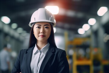 industrial woman helmet industry smile engineer portrait business attractive job asian. Generative AI.