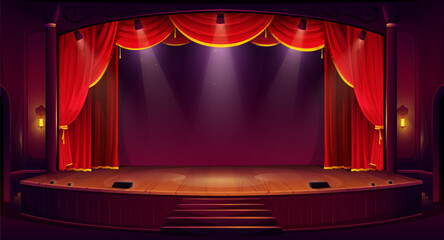 Cartoon theater stage with red curtains, spotlights, and wooden floor. Vector theatre interior, empty scene with luxury velvet drapes and decoration. Music hall, opera, drama performance background
