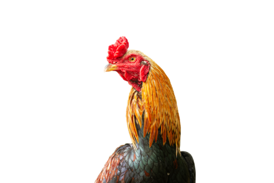 Close up of a rooster with red combs and ears with a combination of orange, black, yellow, and brown colored feathers