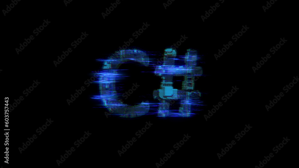 Poster cybernetic electrical light shining text c# in glitch style, isolated - object 3d rendering
