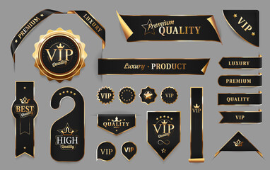 Golden luxury labels and banners. Vector premium quality badges, ribbons, curly corners, tags and vip product gold emblems or sticker seals with stars and crowns on glossy silky surface isolated set - obrazy, fototapety, plakaty