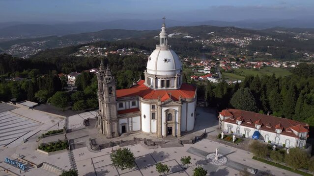 Aerial orbiting shot of the historic Shrine of Our Lady of Sameiro, one of the most visited sites of Marian worship, located on top of Mount Sameiro in Braga, northern Portugal.